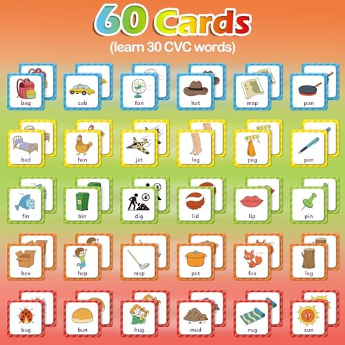 Aizweb CVC Word Match Game - 60 Pc Toddler Card Games for Kids Ages 3-6, Phonics Flash Cards for Preschool & Kindergarten Learning Activities, Educational Toys for Home School Supplies - Image 2