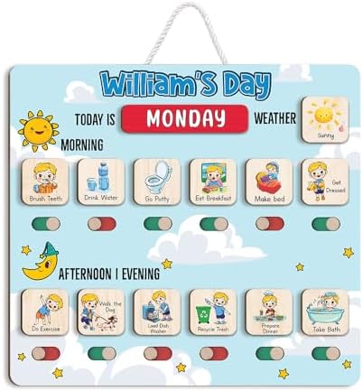Wooden Chore Chart for Boys, Daily Routine Chart for Kids, Visual Schedule, Chore Reward Chart, Bedtime Morning Routine Chart for Toddlers (04) by LilaLand