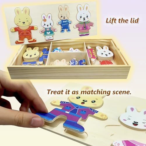Wooden Bunny Family Dress-up Puzzle Box for Toddlers(72pcs),Change Clothes Puzzle Games, Preschool Learning Activities Toys for Kids Ages 3+ - Image 4