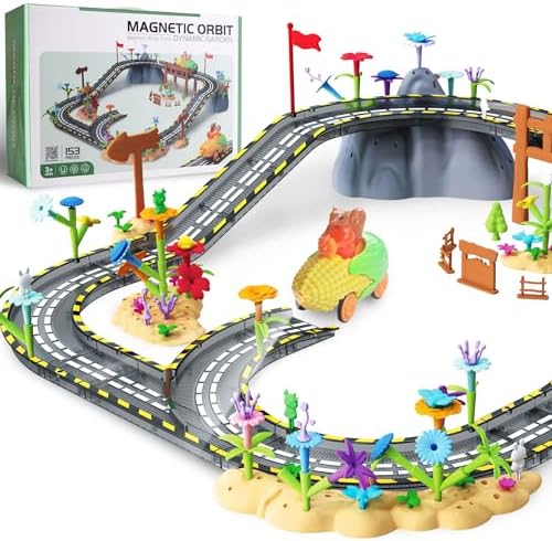SKTMYY 153PCS Magnetic Tiles Road Set with Toy Car & Flowers Building Toy, Magnet Tiles for Kids, Magnetic Building Blocks, STEM Toy Gift for Boys and Girls, Garden Track Themed by SKTMYY