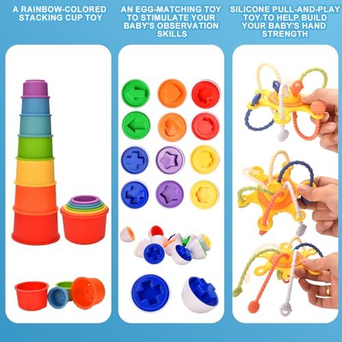 Montessori Toy Set 6 in 1 Baby Toys 6 to 12 Months, Montessori Toy for Toddlers 1-3, Infant Teething Babies Toy Stacking Blocks Rings Pull String Toy - Image 6