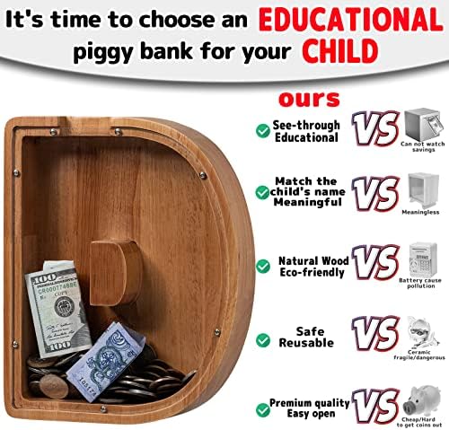 ladenk 12 Inch Extra Large Wooden Kids Letter Piggy Bank - Piggy Bank for Boys Girls - Initial D Bank - Alphabet Money Bank for Birthday - Image 3