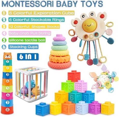6 in1 Baby Toys 6-12 Months，Infant Toys 6-12 Months，Incl 12pc Soft Stacking Blocks &Silicone Pull String & Manhattan Ball& 2 Stacking Toys & Sensory Toys for Babies. Baby Development Toys - Image 3