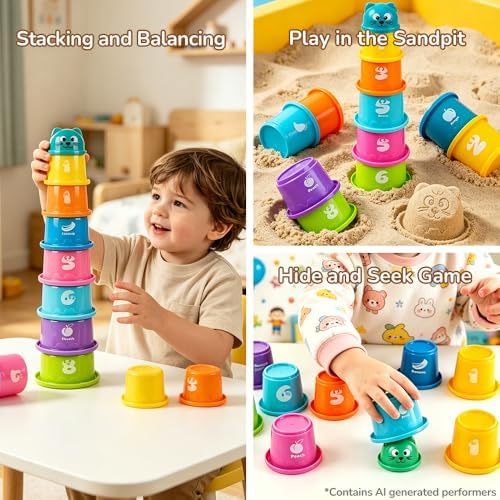 4 in1 Montessori Toys for 1 Year Old,17 Pcs Boys Girls 1st Birthday Gifts, Stacking Cups,Shape Sorter,Multi Sensory Shapes for Babies Early Educational Baby Travel Toys for Toddler 6-12 Months - Image 6