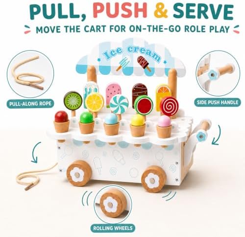 Wooden Ice Cream Cart Toy, Montessori Pretend Play Food Set with Popsicles, Lollipops & Ice Cream Cones, Pull Along Dessert Stand, Fine Motor Skills Gift for Toddlers Kids Ages 3+ - Image 5