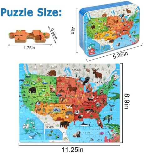 LELEMON Puzzles for Kids Ages 4-6,Animal Map 100 Piece Puzzles for Kids Ages 4-8 in a Metal Box, Educational Jigsaw Puzzles 100 Piece Puzzle Games Puzzle Toys for Girls and Boys - Image 2