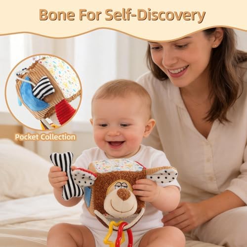 Baby Car Seat Toys Hanging-Carseat Dog Cube Toy, Infant Sensory Toys for 6 7 8 9 10 11 12 Months, Travel Activity with Rattle, Montessori Plush Newborn Girl Boy Gifts - Image 5