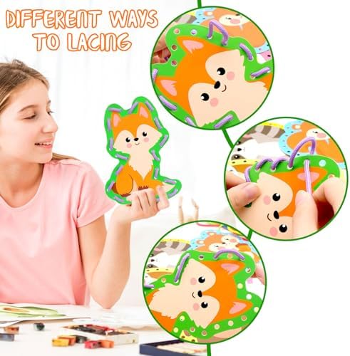 Omlisca Woodland Animals Lacing Cards for Kids 12 Pack Forest Animals Sewing Cards Owl Fox Bear Woodland Theme Party Decor Arts and Crafts Gifts for Toddler Preschool Developing Imagination Supplies - Image 4