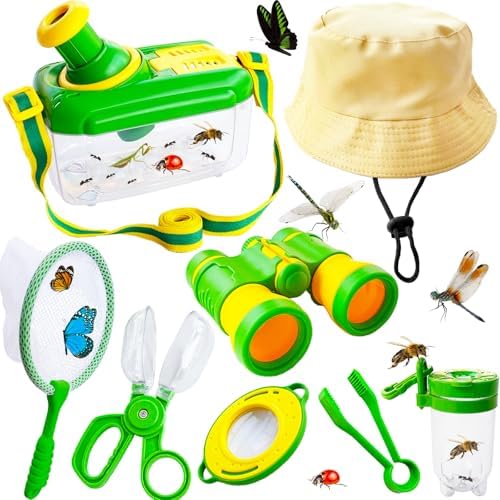 Bug Catcher Kit for Kids,8 Pcs Kids Bug Habitat with Bug Collector Butterfly Net Magnifying Glass Binoculars Tweezer Hats,Outdoor Explorer Kit for Boys Girls 3-12 Years Old by Eerrhhaq