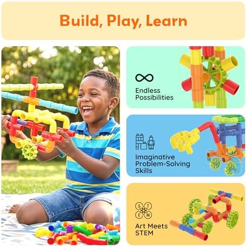 PicassoTiles 100PCS STEM Pipe Building Playset Interlocking Tube Construction Toy with Wheels and Clear Storage Box Educational Learning Toys for Preschool Montessori Kids Age 3+ Boys and Girls PTT139 - Image 4