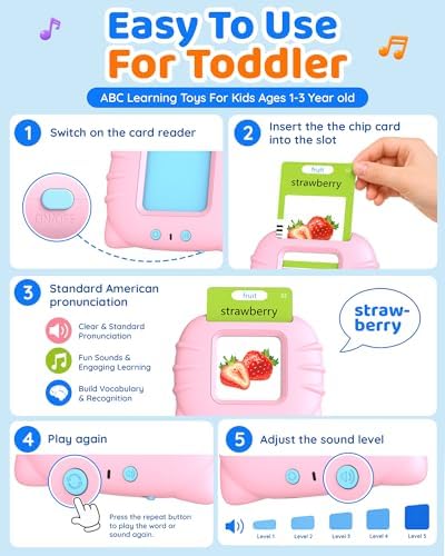 Aullsaty Talking Flash Cards for Toddlers Ages 1-3, 224 Words Montessori Speech Therapy Toys, Autism Sensory Toy, Educational Learning Speech Therapy Birthday Gifts for Boys Girls (Pink) - Image 4