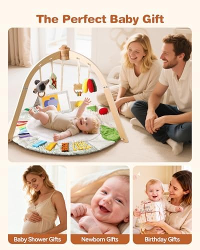 Macabaka Wooden Baby Play Gym & Tummy Time Playmat – Montessori Sensory Activity Mat with 6 Developmental Toys for Fine Motor Skills – for Newborns to Toddlers (0–12M+) - Image 5