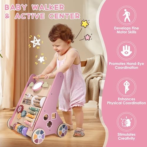 Wooden Baby Walker and Activity Center for Toddler Girl 10-12 Months, Pink - Image 5