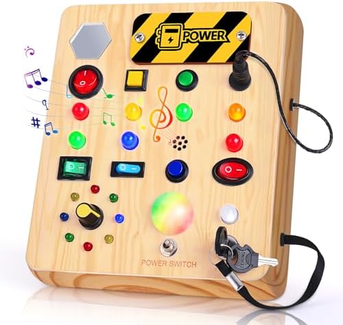 TINTECUSA Busy Board with LED Light, Wooden Sensory Toys for Toddler, Montessori Music Toy for Airplane, Travel Activity Educational Learning Autism Toys, Birthday Boys Girls Gifts by TINTECUSA