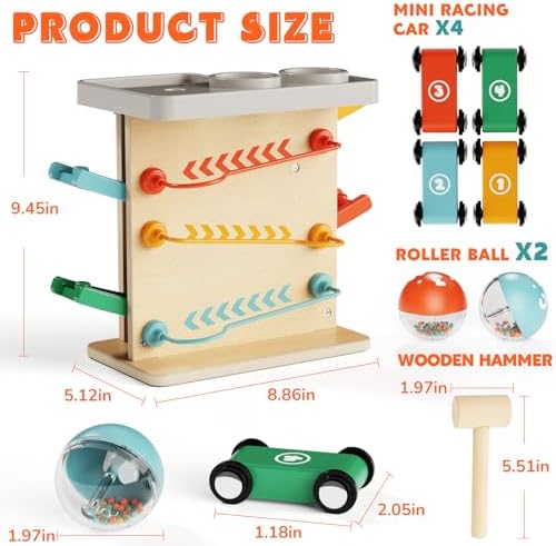 Montessori Toys for 1 Year Old, 2-in-1 Ball Drop Toy & Wooden Car Ramp Toy with Hammer and 4 Cars, First Birthday Gifts for 1 2 Year Old Boy Girl - Image 3