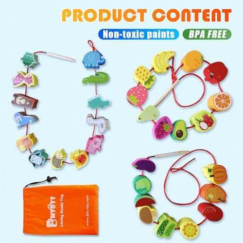 BMTOYS Montessori Educational Threading Toys Wooden Stringing Farm Animals Fruits Lacing Beads Preschool Toy for Toddler 3 4 5 Year Old Boys Girls - Image 3