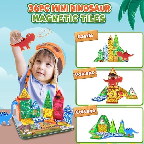 Travel Magnetic Tiles for Toddler Boys Kid, 36PC Mini Dinosaur Sets Airplane Restaurant Road Trip Activities Car Toys for Age 3 4 5 6 7 8 Year STEM Magnet Blocks Easter Basket Stuffers Gifts - Image 2