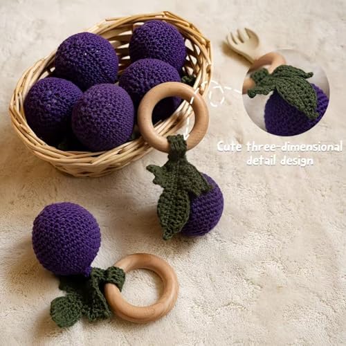 Wooden Baby Rattle Toys Stuffed Crochet Rattle with Teether Ring for Newborn Babies Fruit Wooden Teether Toy Infant Toddler Handcrafted Crochet Rattles Cute Shower Gifts for Boy and Girls - Image 6