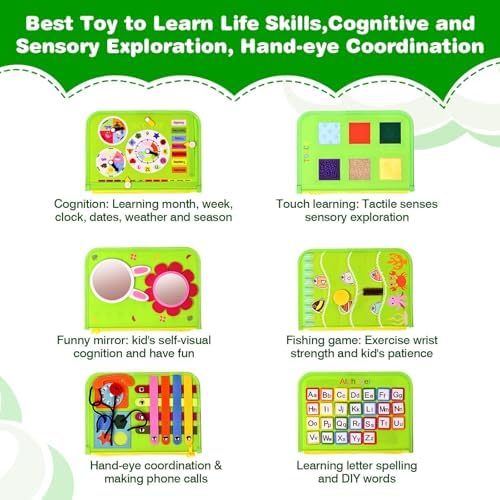 JHkim Busy Board Montessori Toys, Birthday Gifts for Boys Girls, Autism Sensory Travel Toy, Educational Activity Busy Book Board, Learning Fine Motor Skills Toys, Green - Image 2