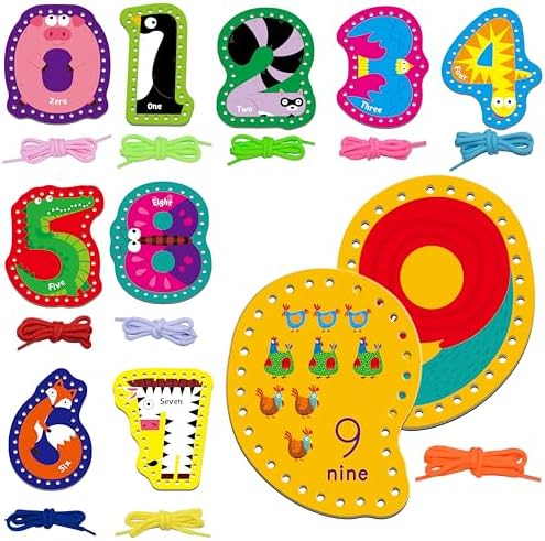 SpriteGru 10 Pieces Number Lacing Cards, 0-9 Double Sided Sewing Cards with 10 Colorful Laces, Imagination Development Lacing Toys Games for Children Educational and Learning Activity by SpriteGru