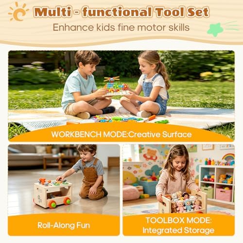 Wooden Toddler Tool Bench with Electric Toy Drill & Pull-Along Storage Cart - Image 4