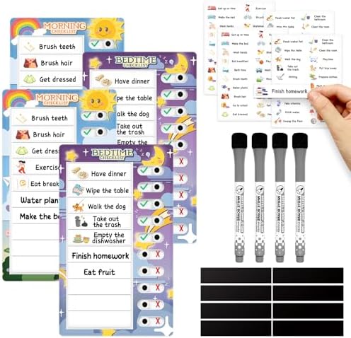 Chore Chart for Kids: Dry Erase to Do List, Morning/Bedtime Routine Chart, Magnetic Checklist, Toddler Visual Schedule, Daily Behavior Chart for Fridge (4 Pack) by Tsytyst