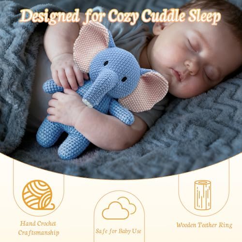 10" Crochet Elephant Stuffed Animal with Rattle, Pure Cotton Soft Crochet Doll Plush Toy for Newborn, Handmade First Birthday Gift - Image 4