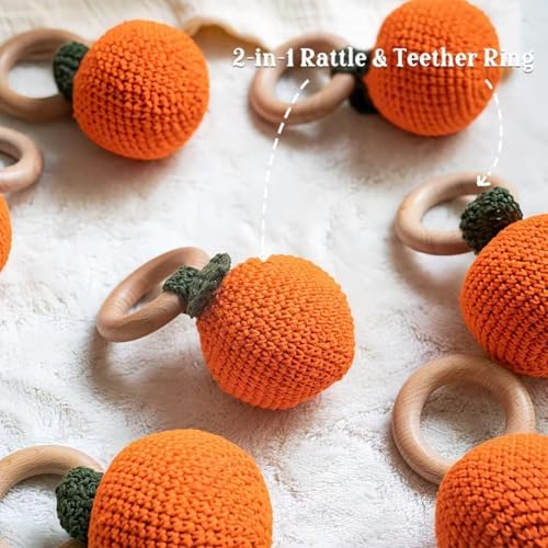 Wooden Baby Rattle Toys Stuffed Crochet Rattle with Teether Ring for Newborn Babies Fruit Wooden Teether Toy Infant Toddler Handcrafted Crochet Rattles Cute Shower Gifts for Boy and Girls - Image 4