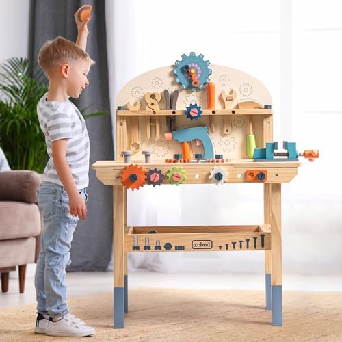 ROBUD Wooden Play Tool Workbench Set for Kids, Construction Toy Bench - Image 6