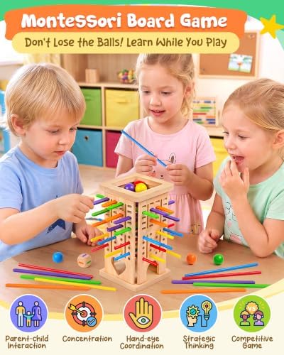 Montessori Wooden Board Games for Kids 4-6, 42 Sticks Ball Drop Dice Game - Image 2