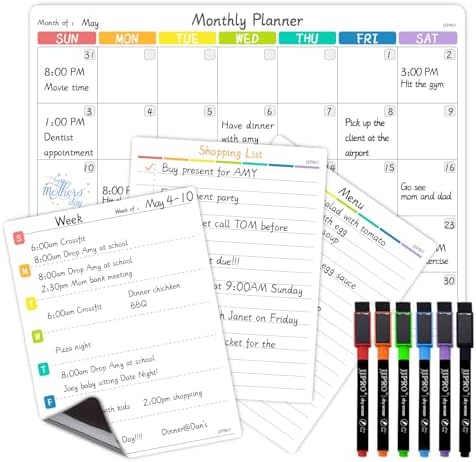 JJPRO Magnetic Monthly Calendar Whiteboard Set for Refrigerator-Monthly Planning Board, Weekly Menu Planner and to Do List for Fridge with 6 Markers-14.5" x11 by JJPRO