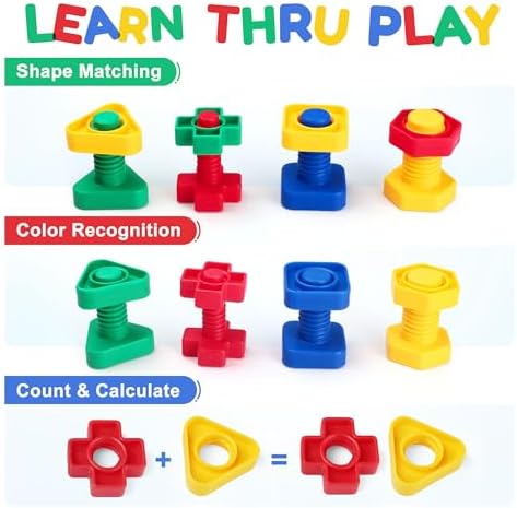 LotFancy Nuts and Bolts, 24pcs Fine Motor Skills Occupational Therapy Toys for Kids, Shapes and Colors Matching Toys, Montessori Building Construction Game with Storage Box for Baby and Toddlers - Image 4