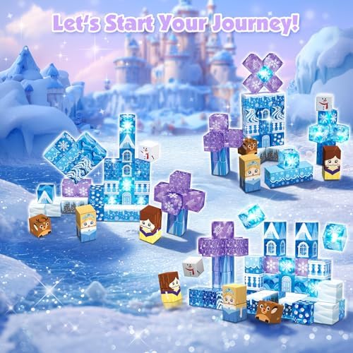 Magnetic Blocks, 45pcs Travel Toys Building Set with Magnetic Tin Box, Transparent & Light Up Magnet Cubes for Blue Snow Castle Build, Princess Toy Birthday Gift for Kid Girl 3+ - Image 4
