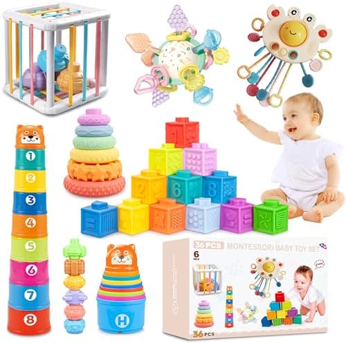 6 in1 Baby Toys 6-12 Months，Infant Toys 6-12 Months，Incl 12pc Soft Stacking Blocks &Silicone Pull String & Manhattan Ball& 2 Stacking Toys & Sensory Toys for Babies. Baby Development Toys by Unknown