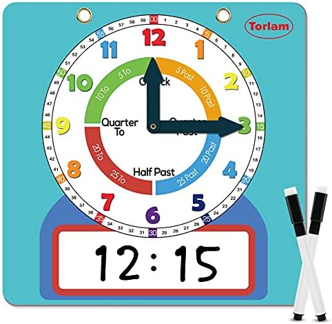Large Magnetic Dry Erase Learning Clock for Kids Learn to Tell Time,12" Demonstration Teaching Time Practice Clock Analog Clocks with Pen, Classroom Supplies Homeschool Essentials Learning Resources by Torlam
