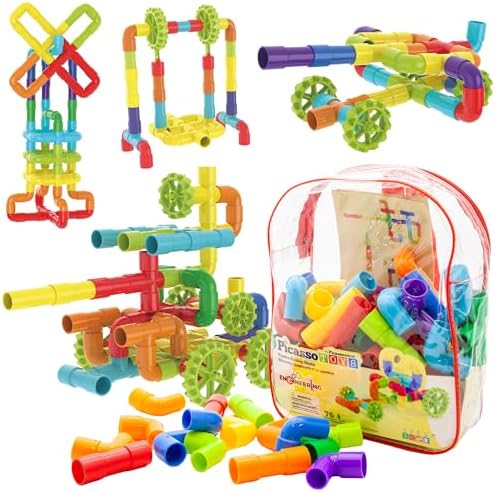 PicassoTiles 76PC STEM Pipe Building Interlocking Tube Construction Toy with Wheels and Storage Backpack Creative Educational Brain Development Learning Blocks for Kids Ages 3+ Boys and Girls PTT138 by PicassoTiles