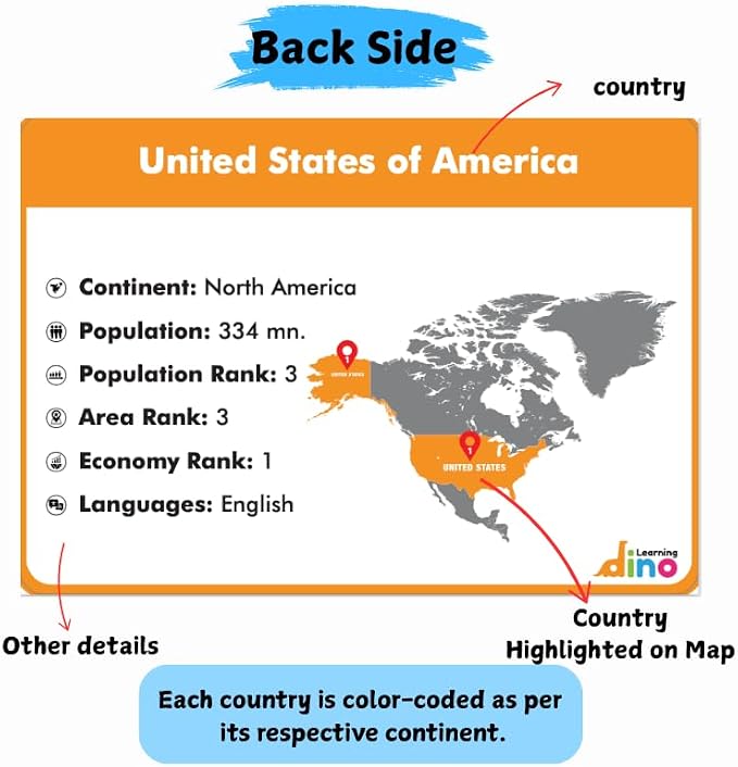 Flags of The World Flashcards | Covers 50 Countries with Country Flag, Map, Economy, Language, Currency & More | Helps Kids Learn Geography in a Fun Way | Premium Quality | by Learning Dino - Image 5