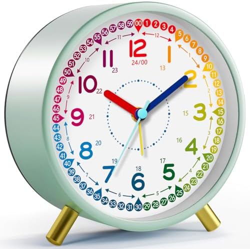 Kids Alarm Clock, Silent Non-Ticking, Analog Learning Clock for School Beginners, Stylish Round Metal Clock, Battery Operated, Loud Ringing Kids Back to School Gifts by GiftsforChildAdultandPet