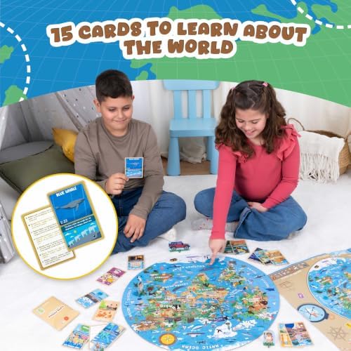 BONNYCO Giant Floor Puzzles for Kids World Map with 70 Large Pieces. Round Globe Puzzle with Animals, 23 x 23 in, 15 Cards, 4 3D Figures, Guide. Learning Gifts, Toys for 4 Year Old Boys - Image 3