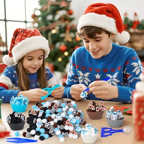 EZdhuawuse Winter Animals Sensory Bin Fillers - 267Pcs Winter Fine Motor Toys Colorful Counting Sorting Toys for Kids, Felt Polar Bear Sea Lion Pom Poms Cup Clip for Preschool Education Activities - Image 3