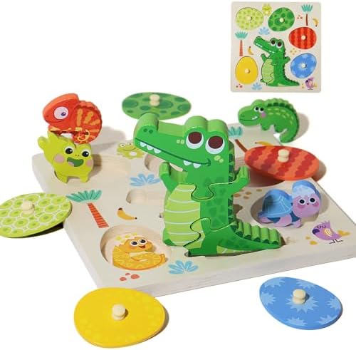 Upgraded Montessori Crocodile Puzzle for Toddlers, 3-Piece Connecting Crocodile Puzzle + 5 Egg-Shaped Matching Puzzles, Safe Wooden Educational Toy for 1-3/2-4 Years Old Boys Girls by WISBOOK