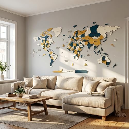Colorfull Worlds 3D Wooden World Map Wall Art | Unique Wall Decor with Pins for Travel Enthusiasts | Home and Office Wall Décor | Gold-Blue | Medium - Image 3