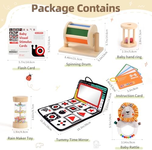 Toyssa Montessori Toys for Babies 0-6 Months, 6 in 1 Wooden Learning Educational Sensory Toys with Spinning Drum & Tummy Time Mirror & Baby Rattle & Flash Card, Birthday Gifts for Babies Boys Girls - Image 2