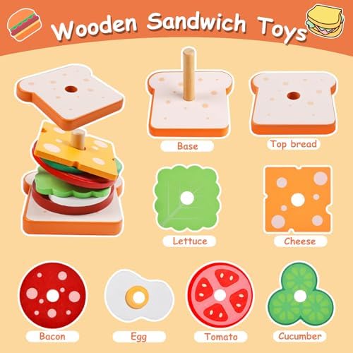 Pajojoqa Wooden Sandwich Stacking Toys, Montessori Toys for Toddlers Kitchen Play Food Educational Preschool Learning Toys Christmas Birthday Gift Kids Toys for Boys Girls 3 4 5 Years Old (Sandwich) - Image 3