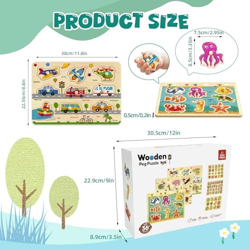 Wooden Peg Puzzles for Toddlers 2-4, 6 Pack Educational Peg Puzzles Montessori Toys, Learning Puzzles for Kids Girs Boys 1-3 3-5 with Alphabet Number Animal Vehicle Shape - Image 4