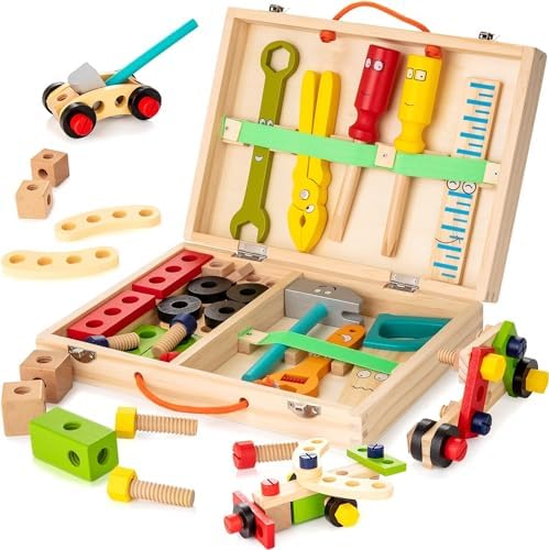 WOODMAM Wooden Kids Tool Set, 37Pcs Learning Construction Toy with Tool Box, Montessori Educational Building Toys Gift for 3+ Years Old Boys Girls - Image 4