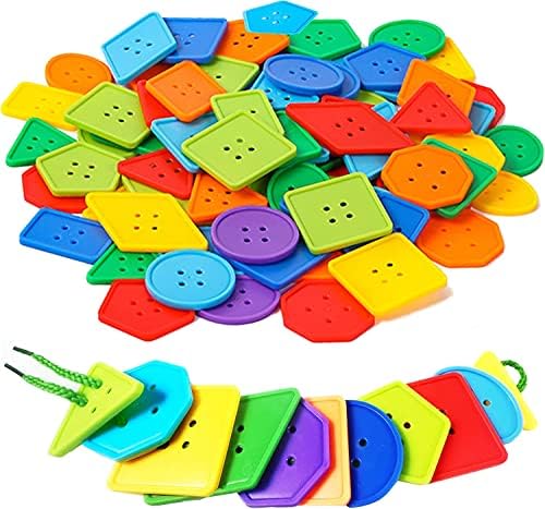 70 Pcs Montessori Lacing Threading Toy - Geometric Shaped Large Beads for Kids Crafts, Preschool Activities and Daycare Toys - Autism Learning Materials and Fine Motor Skills Toys for 3 4 5 6 Year Old by KUTOI