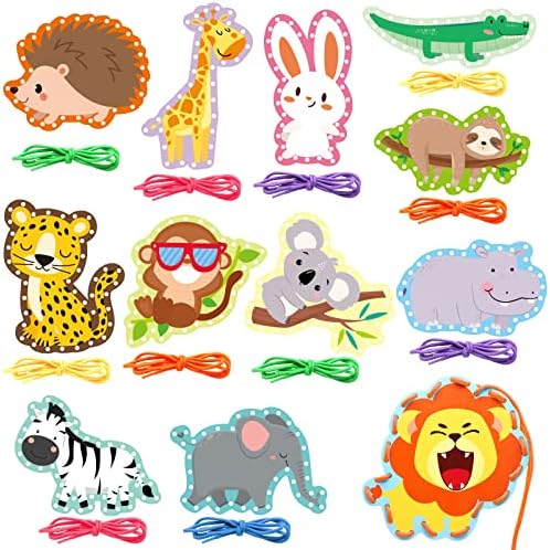 Jungle Animal Lacing Cards 12 Pack Sewing Kits for Kids Lion Wild Animal Cardboard Double Side Kids Sewing Cards Lacing Playing Games for Developing Imagination Preschool Educational Learning Activity by Dapaqami