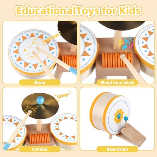 Toddlers Drum Set Toy Kids Wooden Jazz Drum Montessori Musical Instruments - Image 5