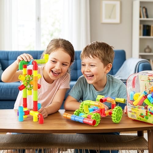 PicassoTiles 76PC STEM Pipe Building Interlocking Tube Construction Toy with Wheels and Storage Backpack Creative Educational Brain Development Learning Blocks for Kids Ages 3+ Boys and Girls PTT138 - Image 2